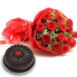 10 Red Roses with 1/2kg Chocolate Cake