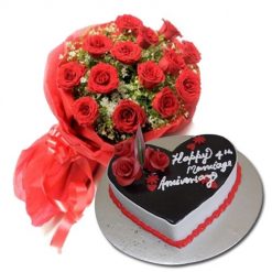 Chocolate Truffle Eggless Cake With 10 Red Rose Bunch, Valentine's day cake with gift for girlfriend