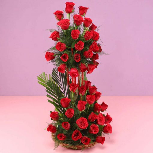 50 Red roses basket arrangement