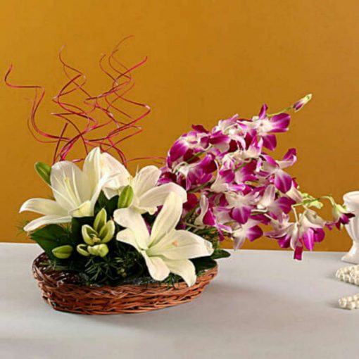 Lilies And Orchids Basket Arrangement