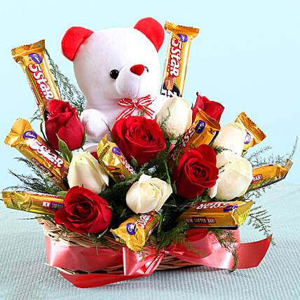10 Roses With Teddy & Choco Basket Arrangement