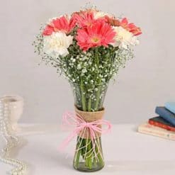 Gerberas & White Carnations In Glass Vase
