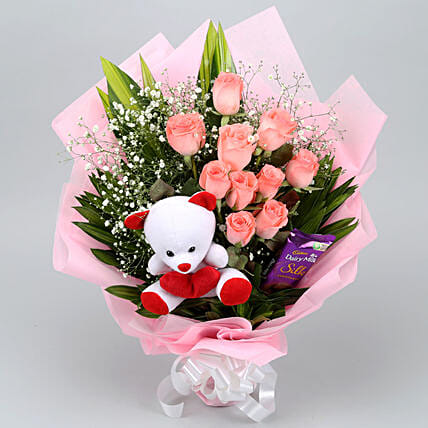 Pink Roses Bouquet With Chocolate & Teddy