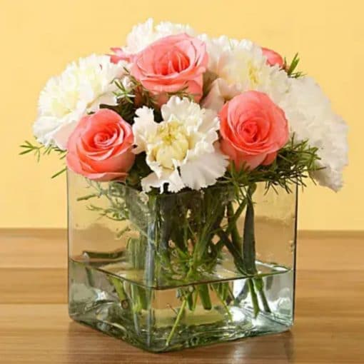 Pink Roses & White Carnations Vase