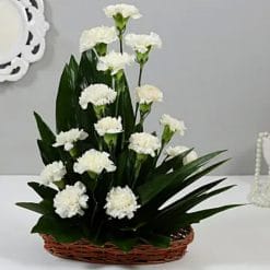 White Carnations Cane Basket Arrangement