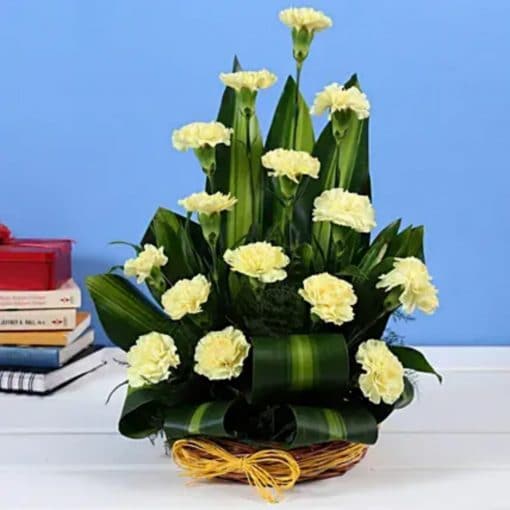 Yellow Carnations Cane Basket Arrangement