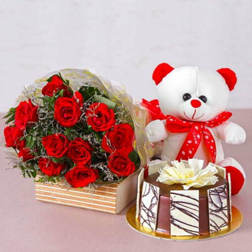 1kg Chocolate Cake 12 Red Roses Teddy Bear