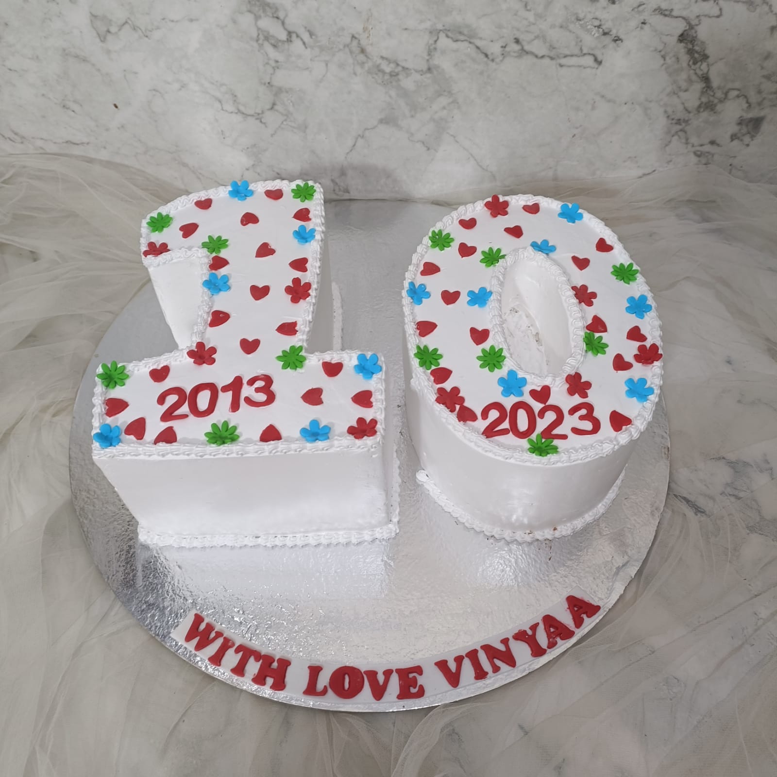 Square Anniversary Cake with Ribbon & Flowers & Gold Lettering - Sugar and  Spice